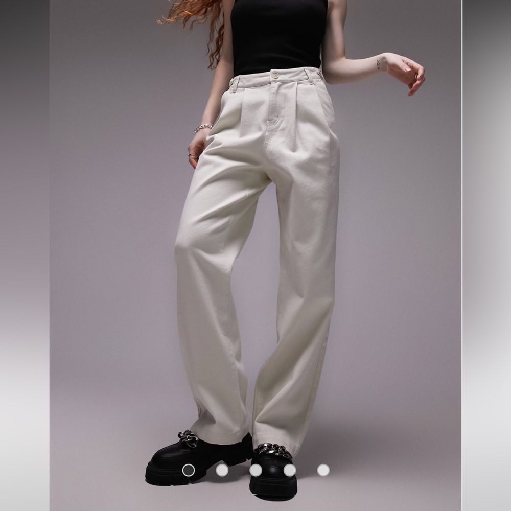 Topshop button tab detail straight leg pants in ecru